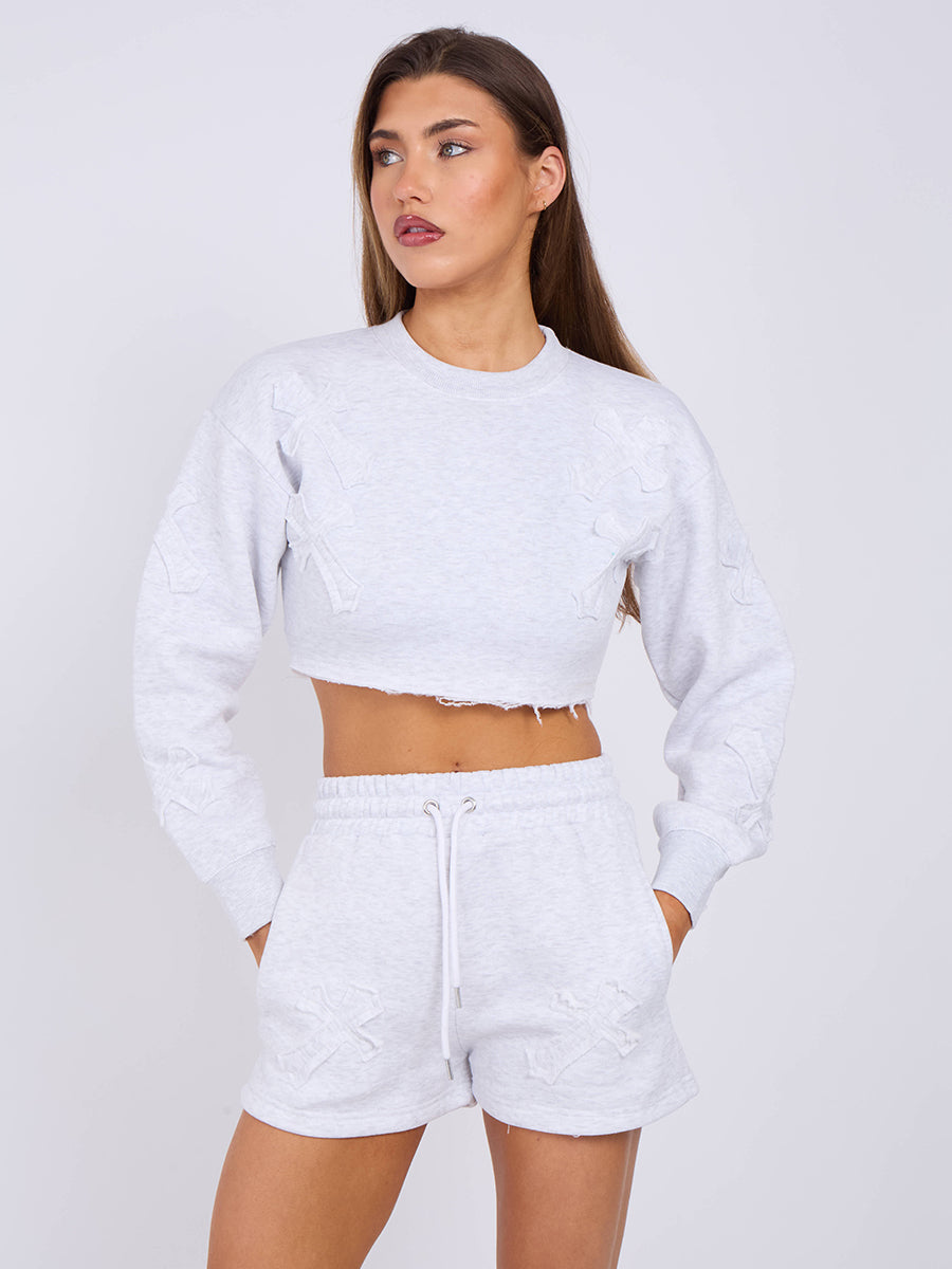 Cross Patch Cropped Sweatshirt & Shorts Fleece Co-ord