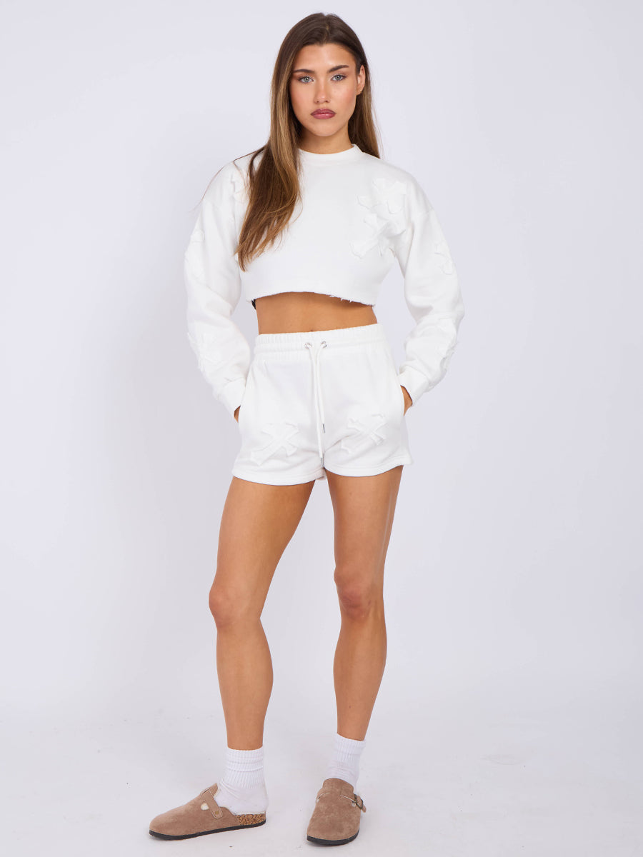 Cross Patch Cropped Sweatshirt & Shorts Fleece Co-ord