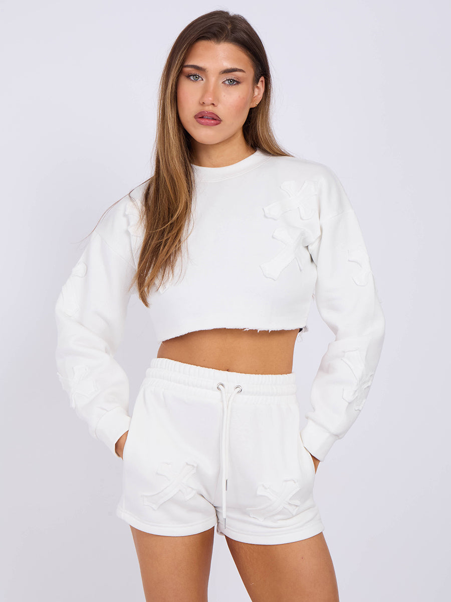 Cross Patch Cropped Sweatshirt & Shorts Fleece Co-ord