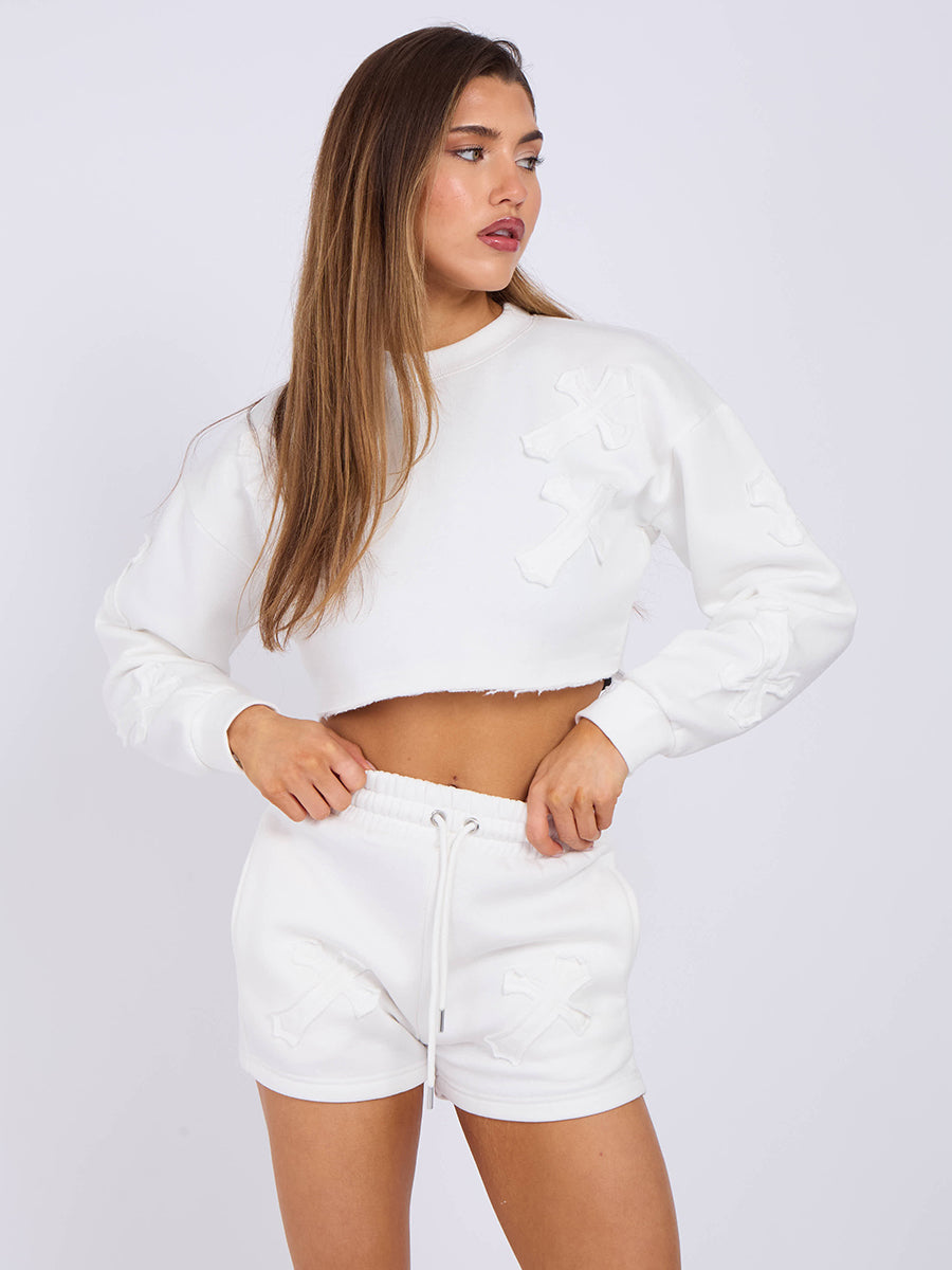 Cross Patch Cropped Sweatshirt & Shorts Fleece Co-ord