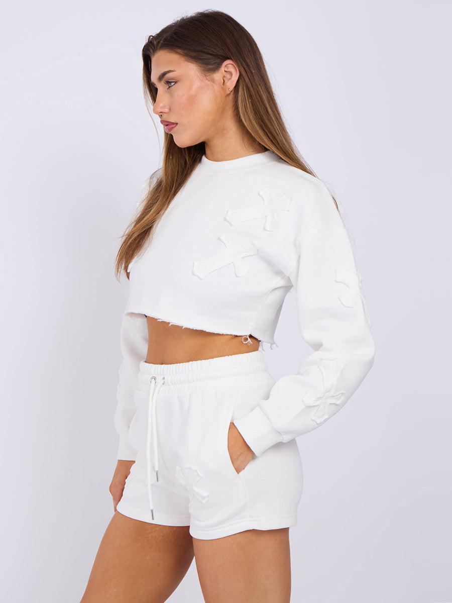 Cross Patch Cropped Sweatshirt & Shorts Fleece Co-ord
