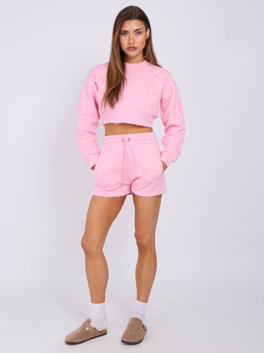 Cross Patch Cropped Sweatshirt & Shorts Fleece Co-ord
