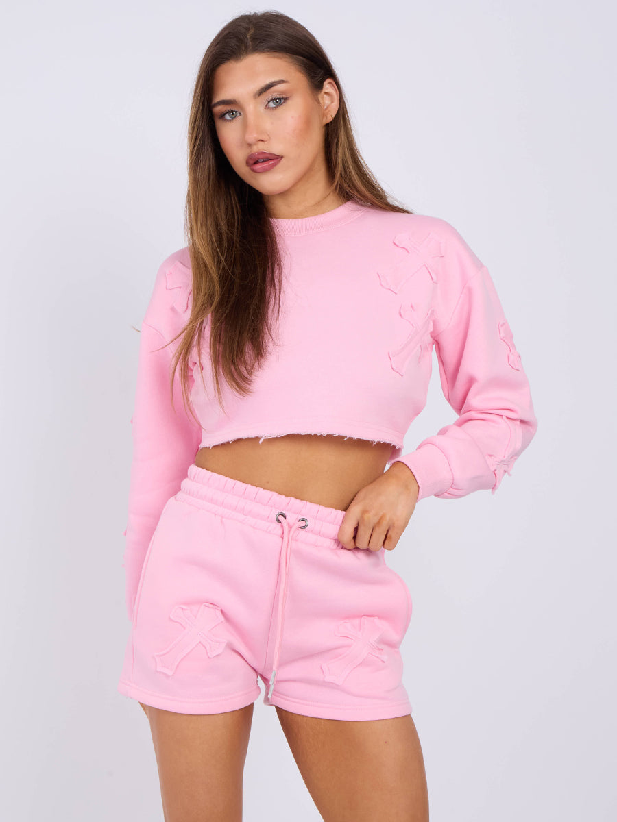 Cross Patch Cropped Sweatshirt & Shorts Fleece Co-ord