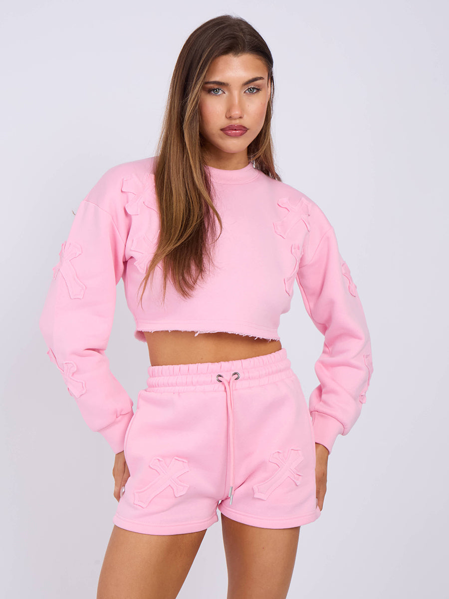 Cross Patch Cropped Sweatshirt & Shorts Fleece Co-ord