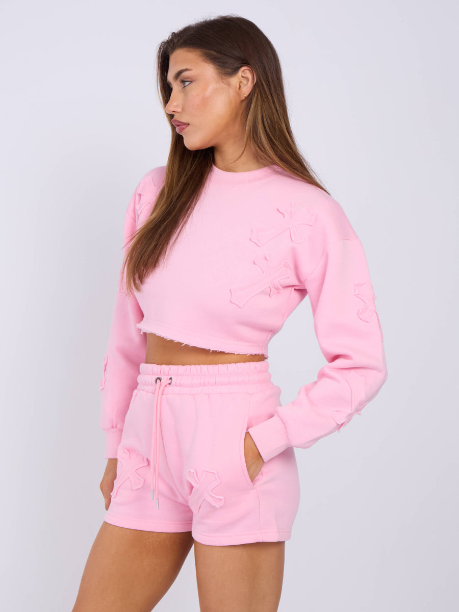 Cross Patch Cropped Sweatshirt & Shorts Fleece Co-ord