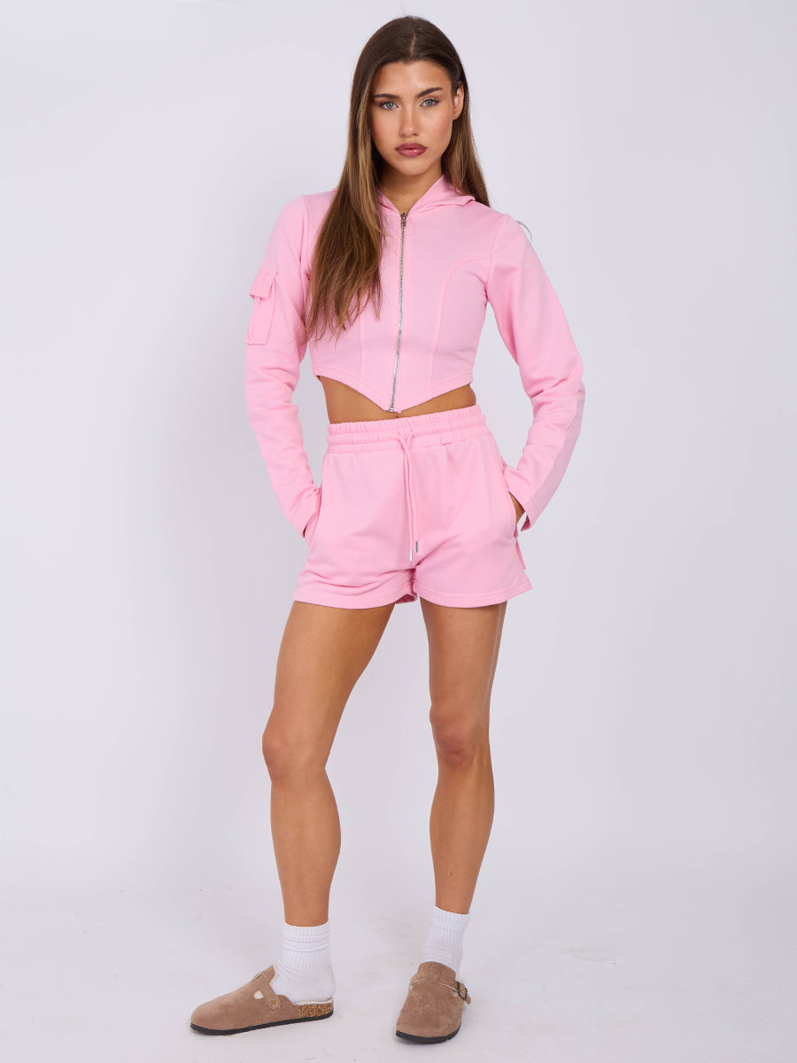 Cropped Zip Up Hoodie & Ruched Shorts Co-ord