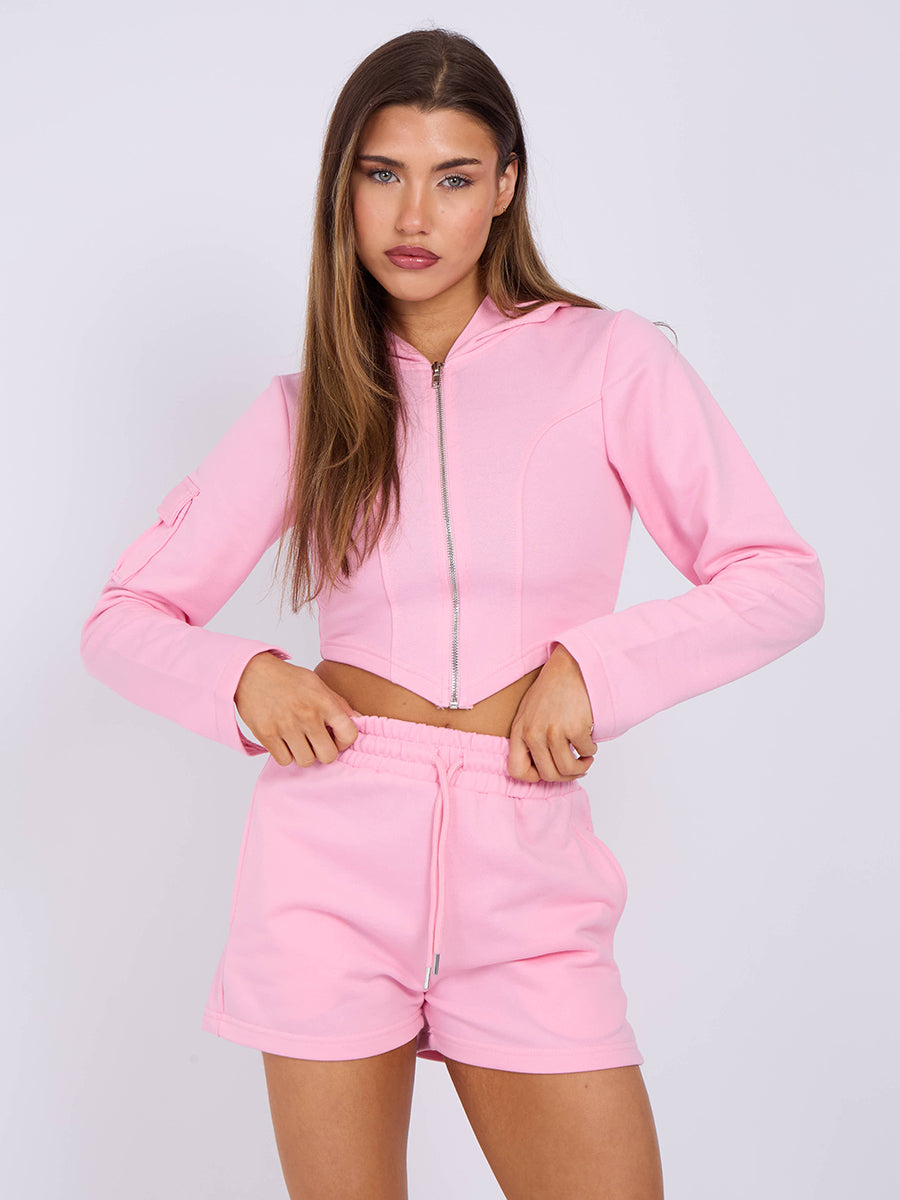Cropped Zip Up Hoodie & Ruched Shorts Co-ord