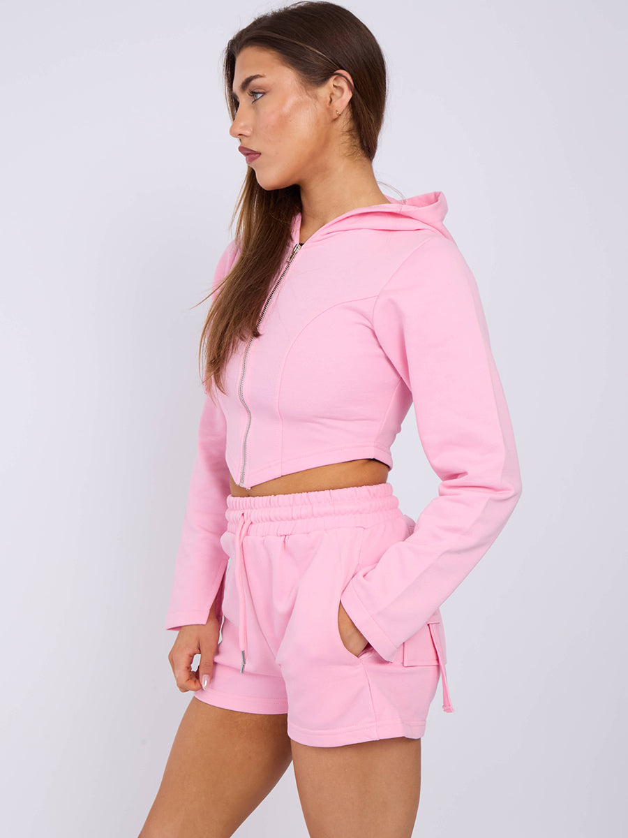 Cropped Zip Up Hoodie & Ruched Shorts Co-ord