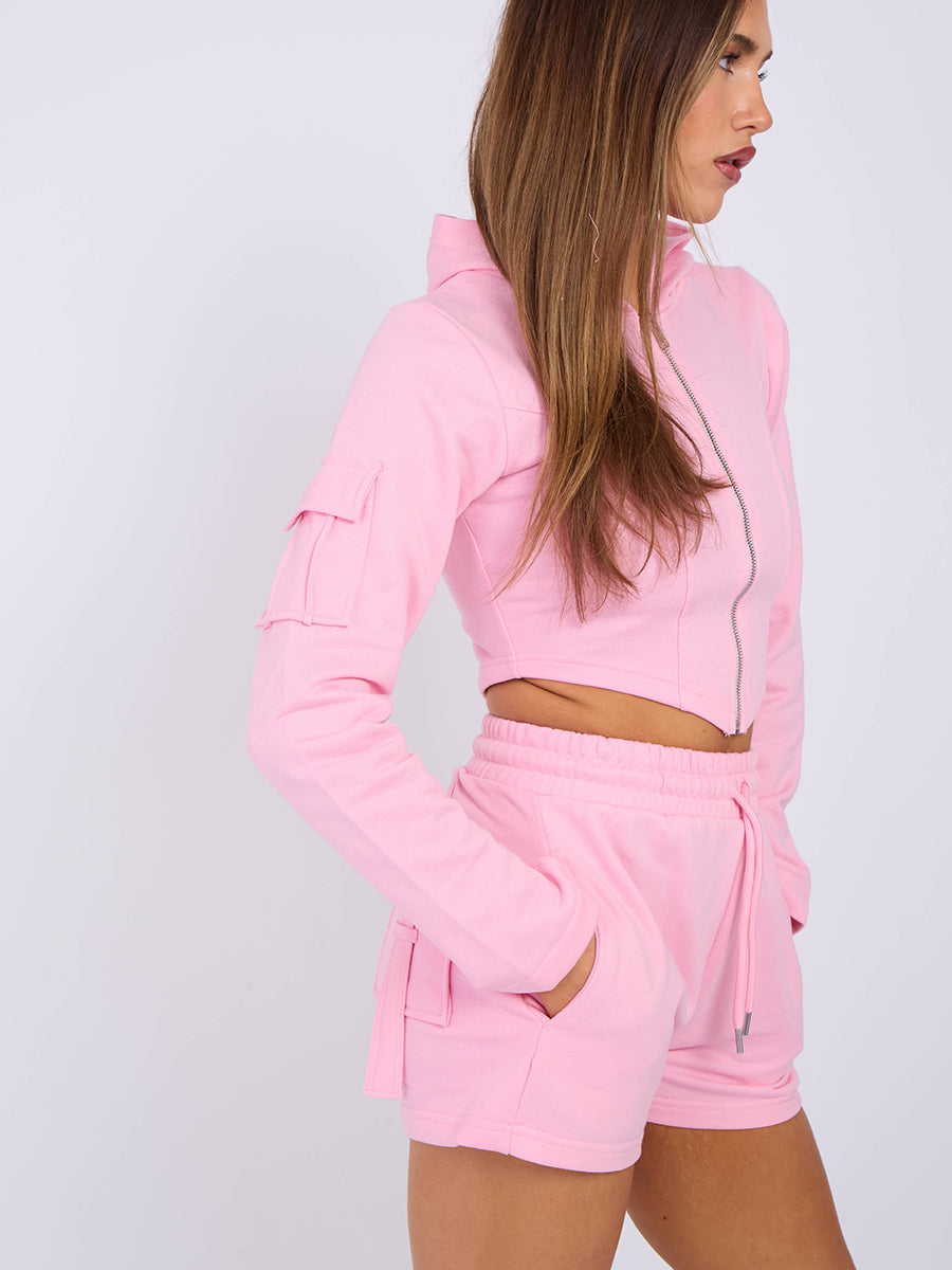 Cropped Zip Up Hoodie & Ruched Shorts Co-ord