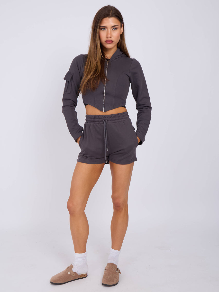 Cropped Zip Up Hoodie & Ruched Shorts Co-ord