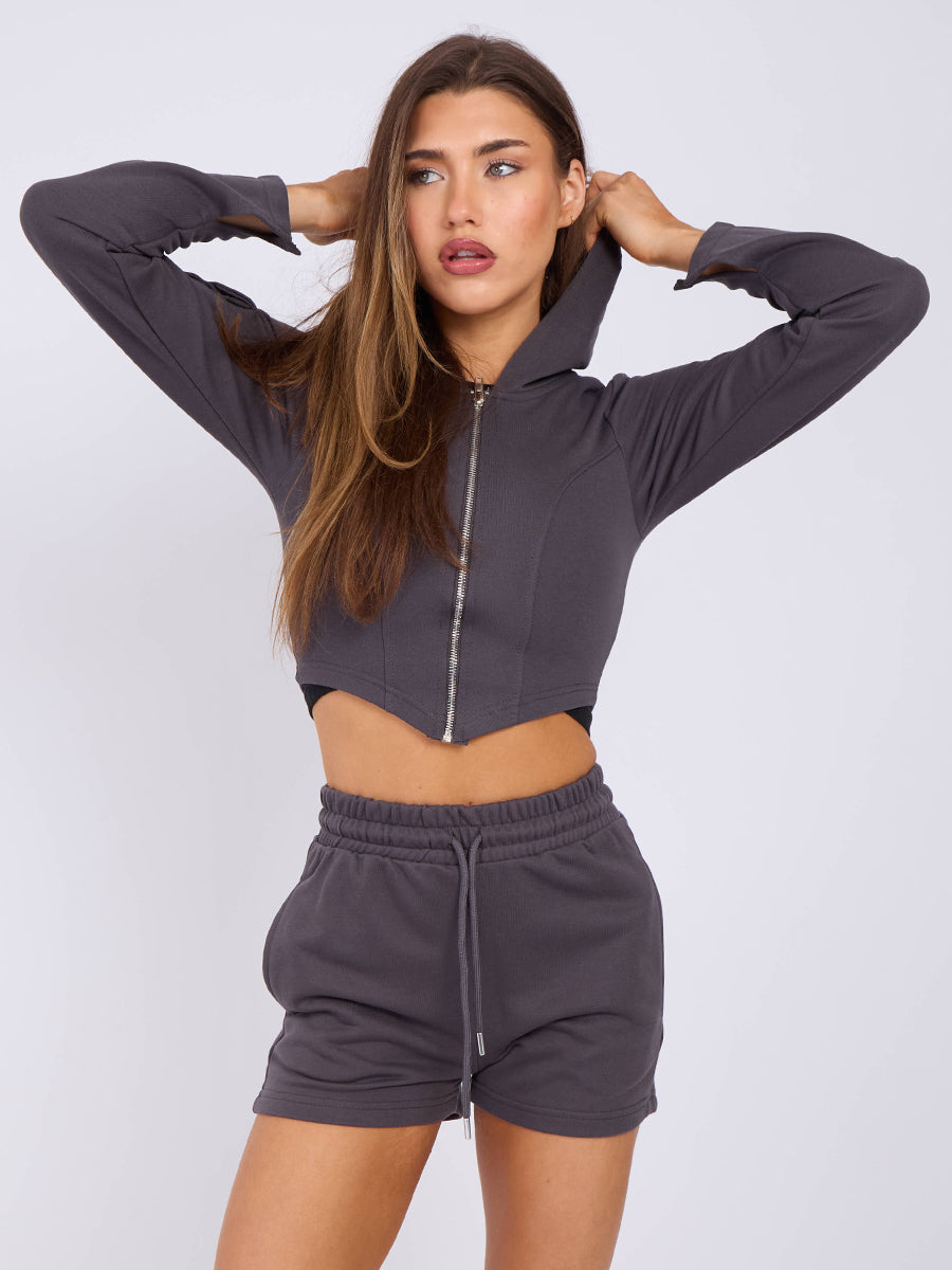 Cropped Zip Up Hoodie & Ruched Shorts Co-ord