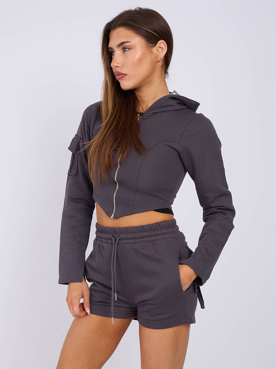 Cropped Zip Up Hoodie & Ruched Shorts Co-ord