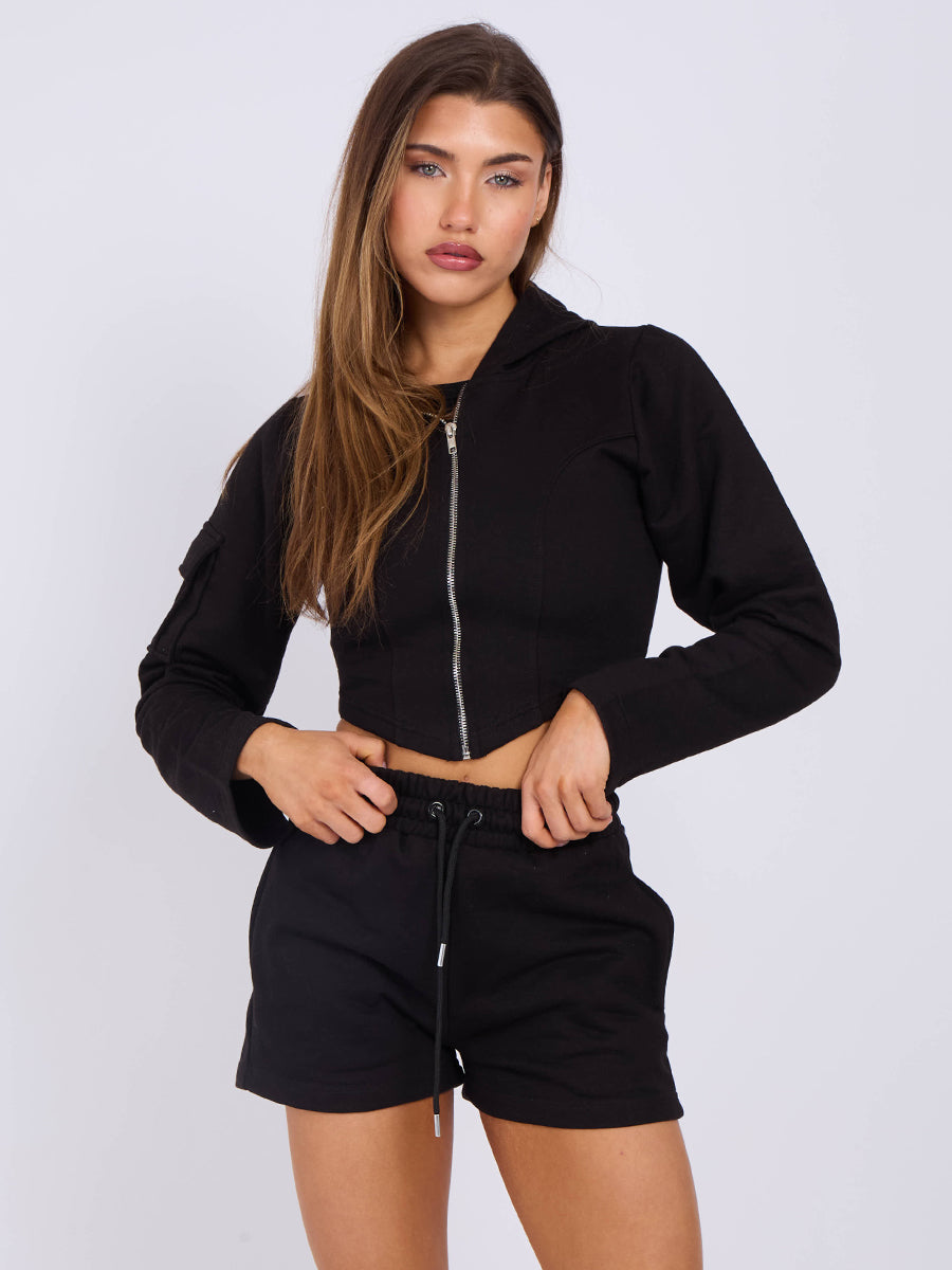Cropped Zip Up Hoodie & Ruched Shorts Co-ord
