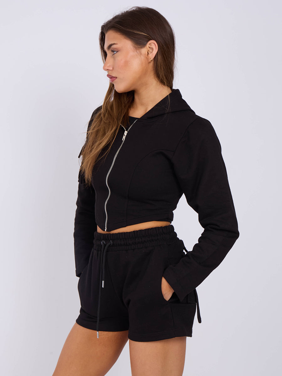Cropped Zip Up Hoodie & Ruched Shorts Co-ord