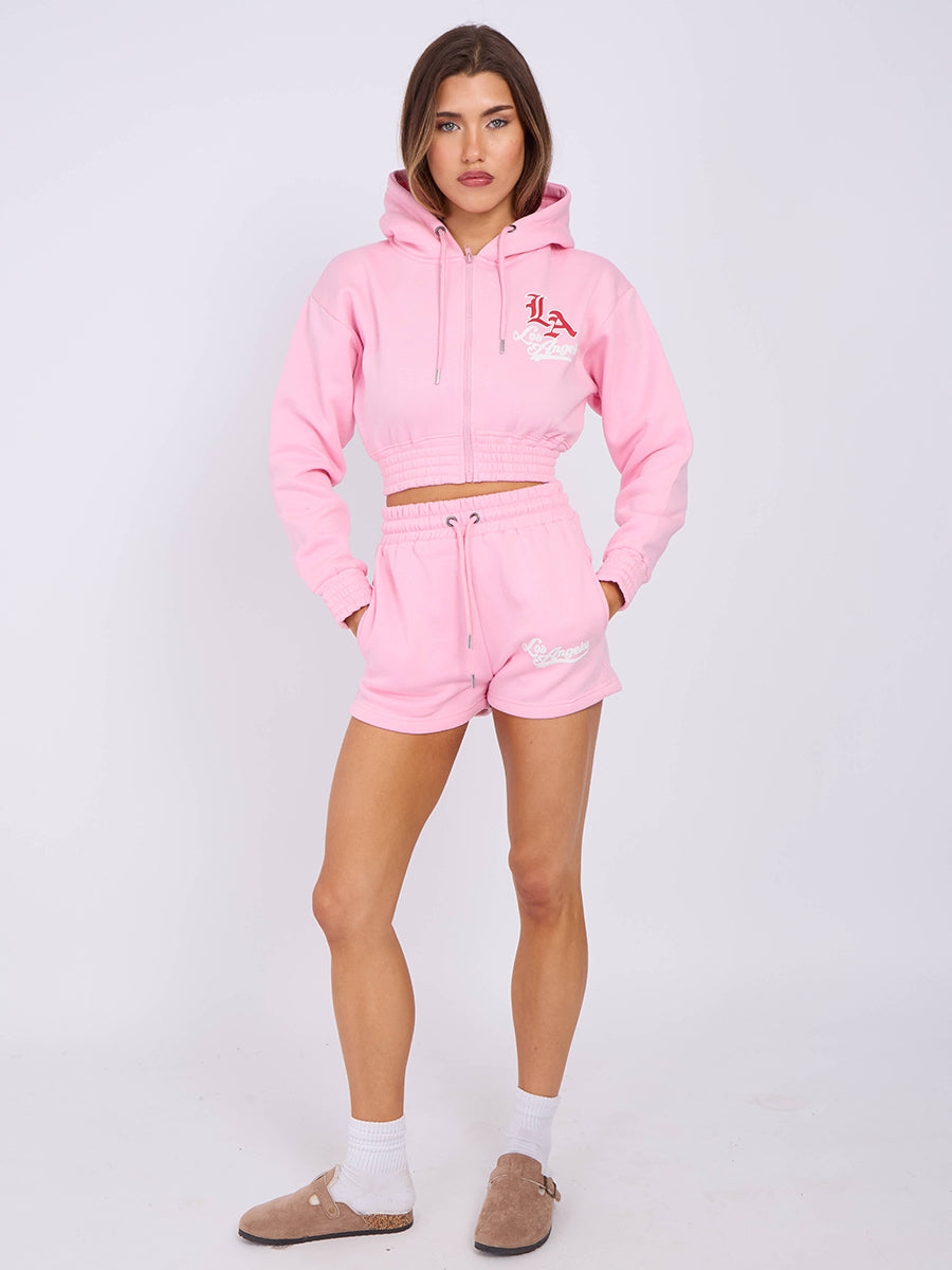 LA Cropped Zip Up Hoodie & Shorts Fleece Co-ord