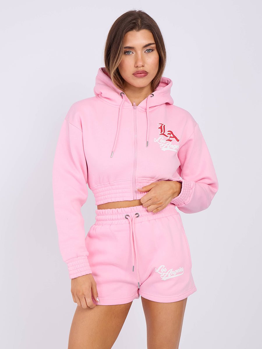 LA Cropped Zip Up Hoodie & Shorts Fleece Co-ord
