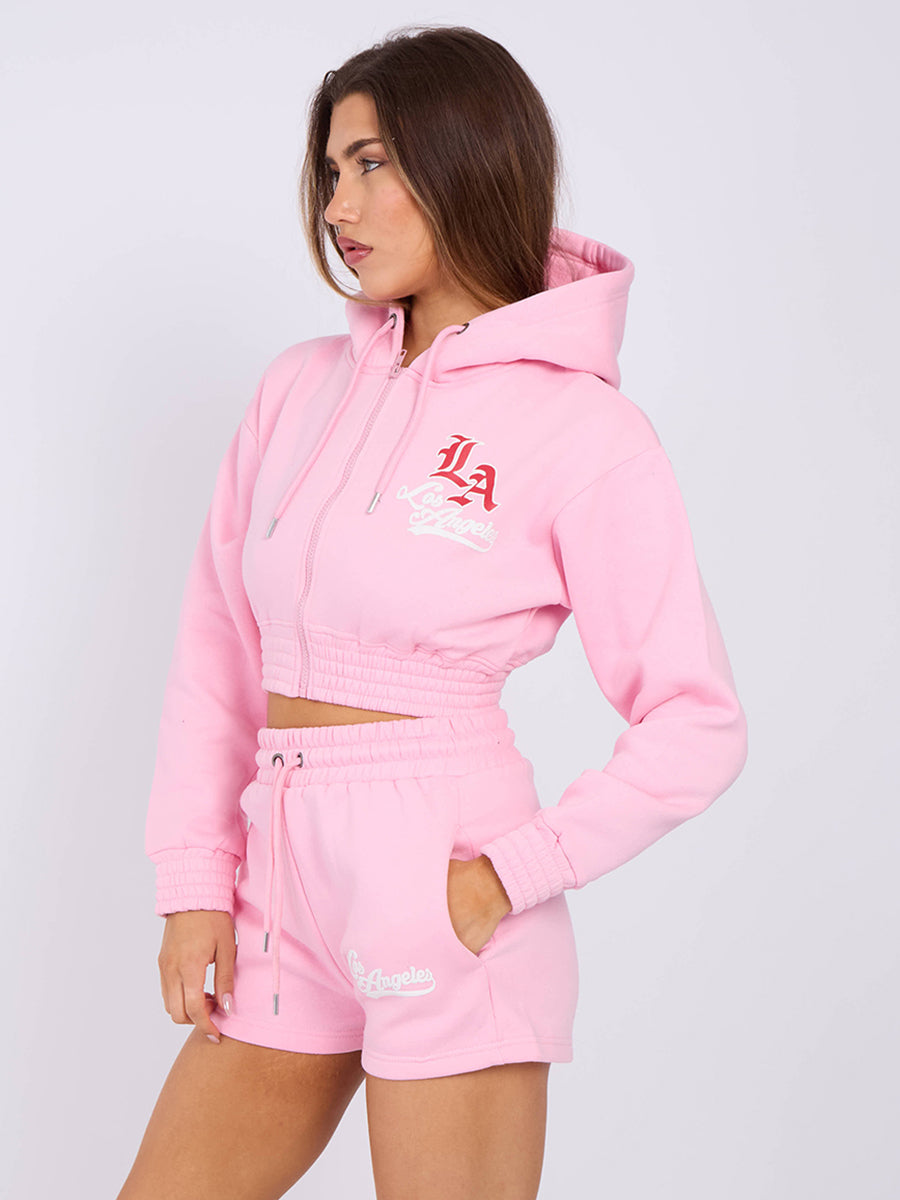 LA Cropped Zip Up Hoodie & Shorts Fleece Co-ord
