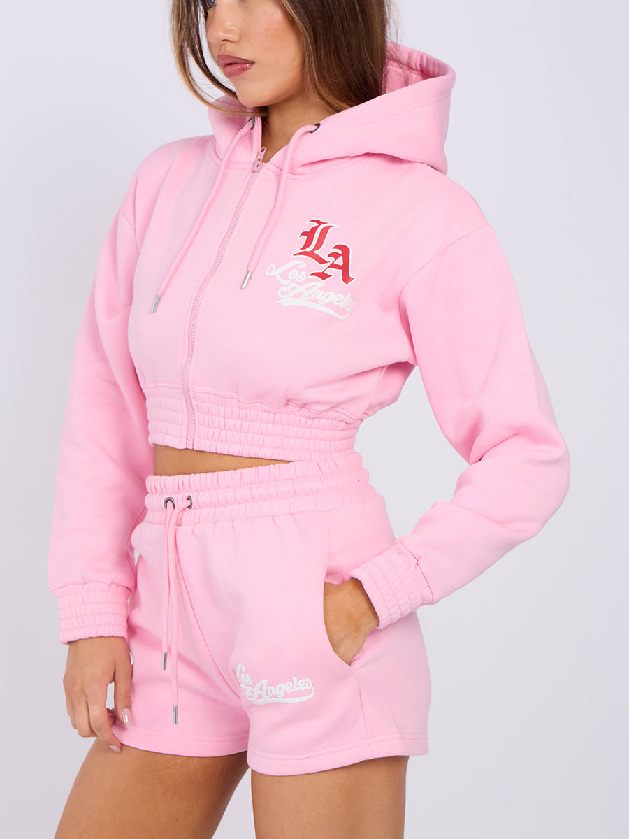 LA Cropped Zip Up Hoodie & Shorts Fleece Co-ord