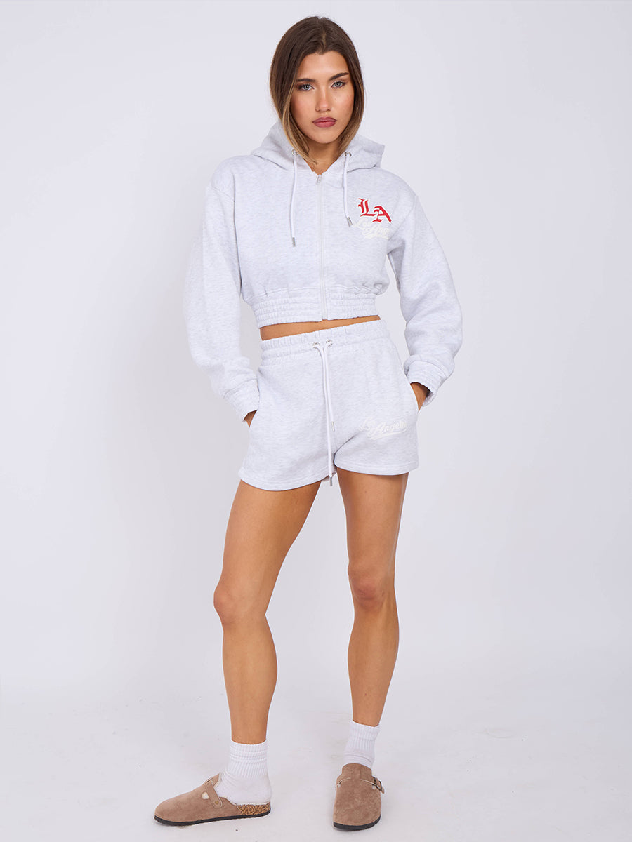 LA Cropped Zip Up Hoodie & Shorts Fleece Co-ord