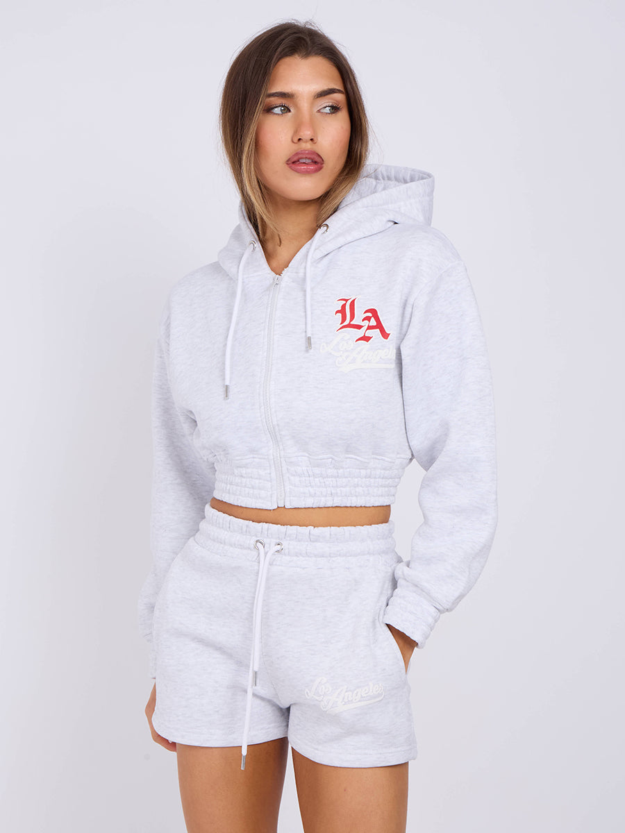 LA Cropped Zip Up Hoodie & Shorts Fleece Co-ord