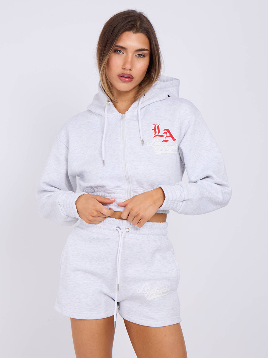 LA Cropped Zip Up Hoodie & Shorts Fleece Co-ord