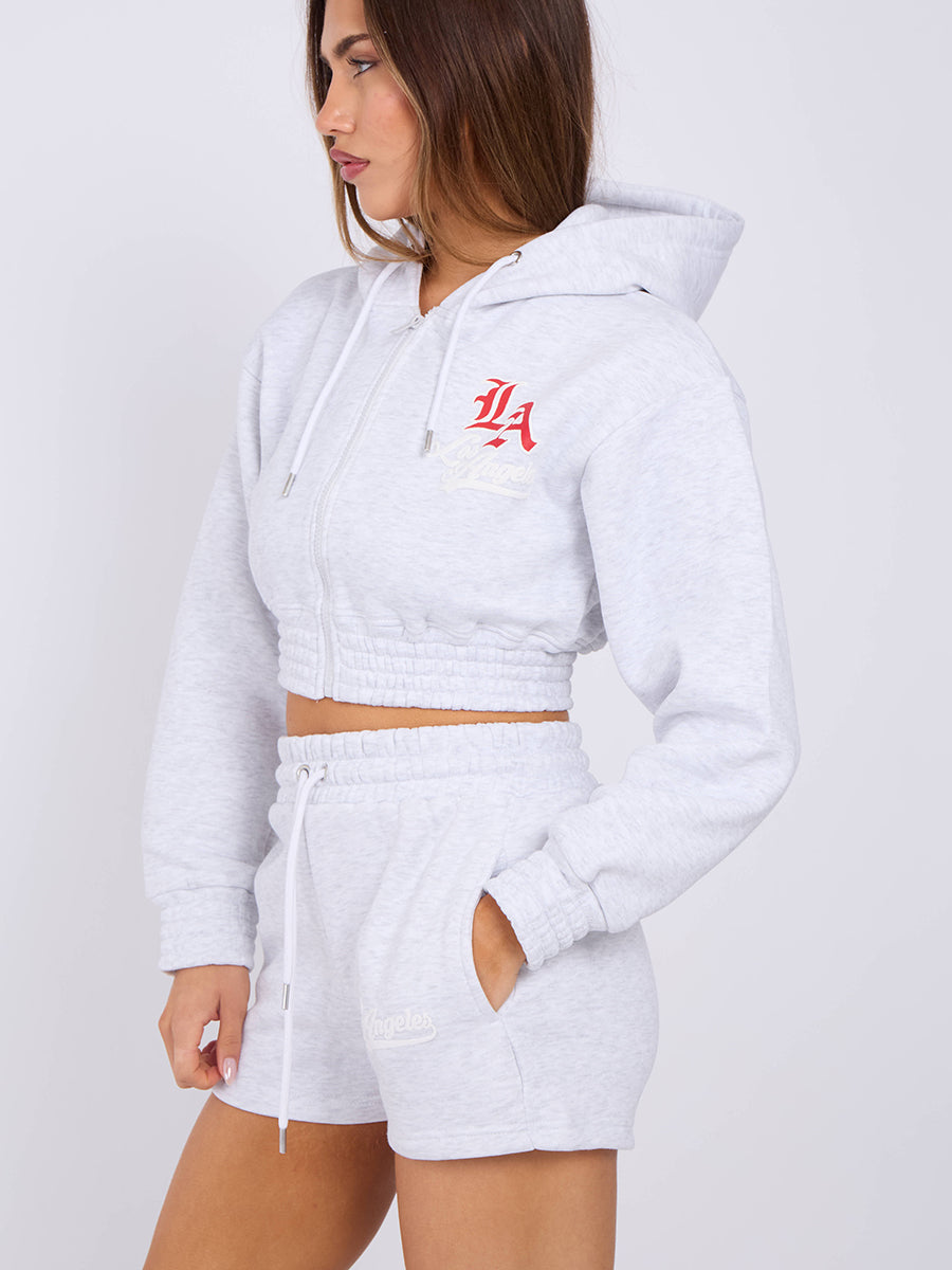 LA Cropped Zip Up Hoodie & Shorts Fleece Co-ord