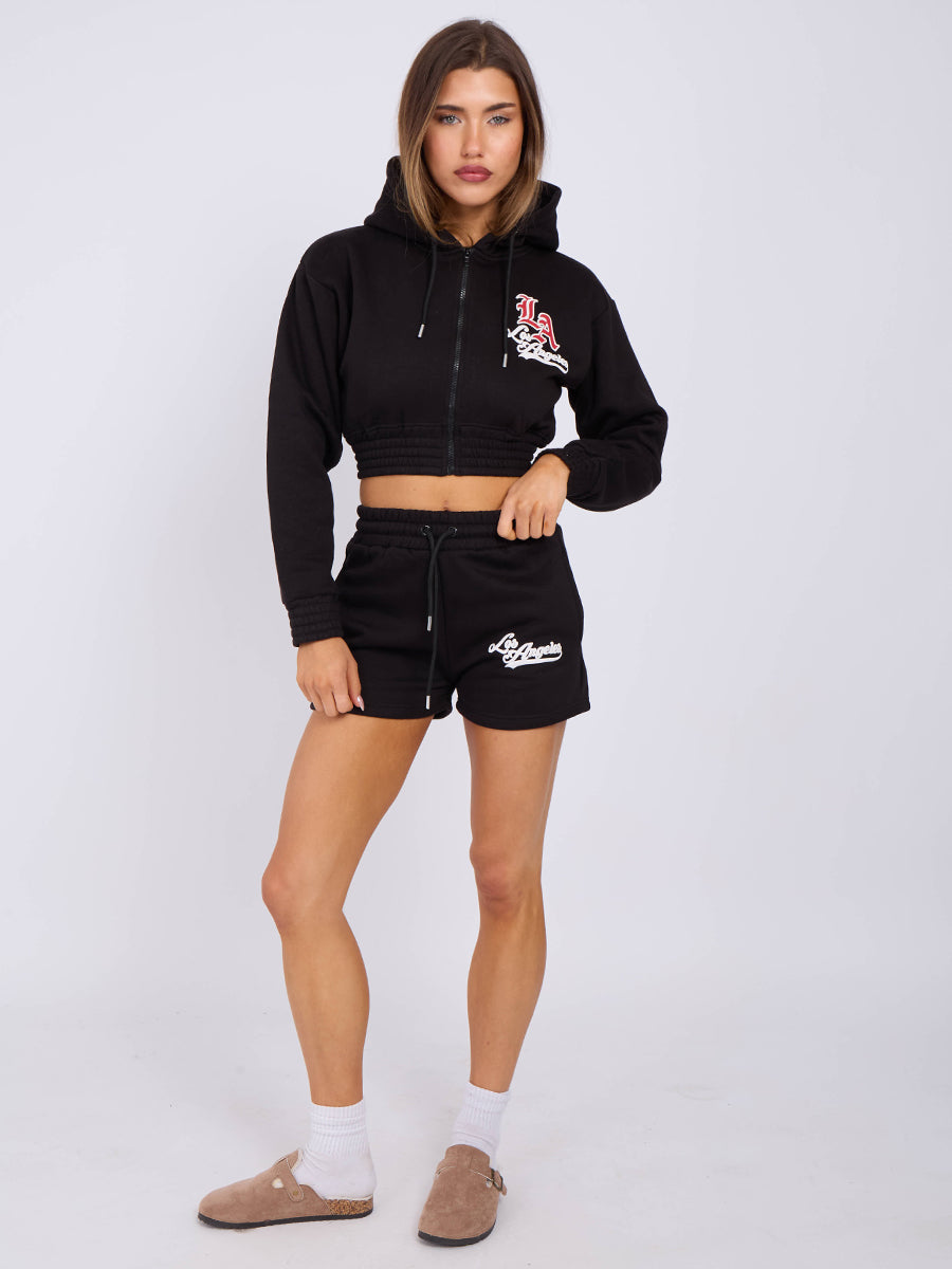 LA Cropped Zip Up Hoodie & Shorts Fleece Co-ord