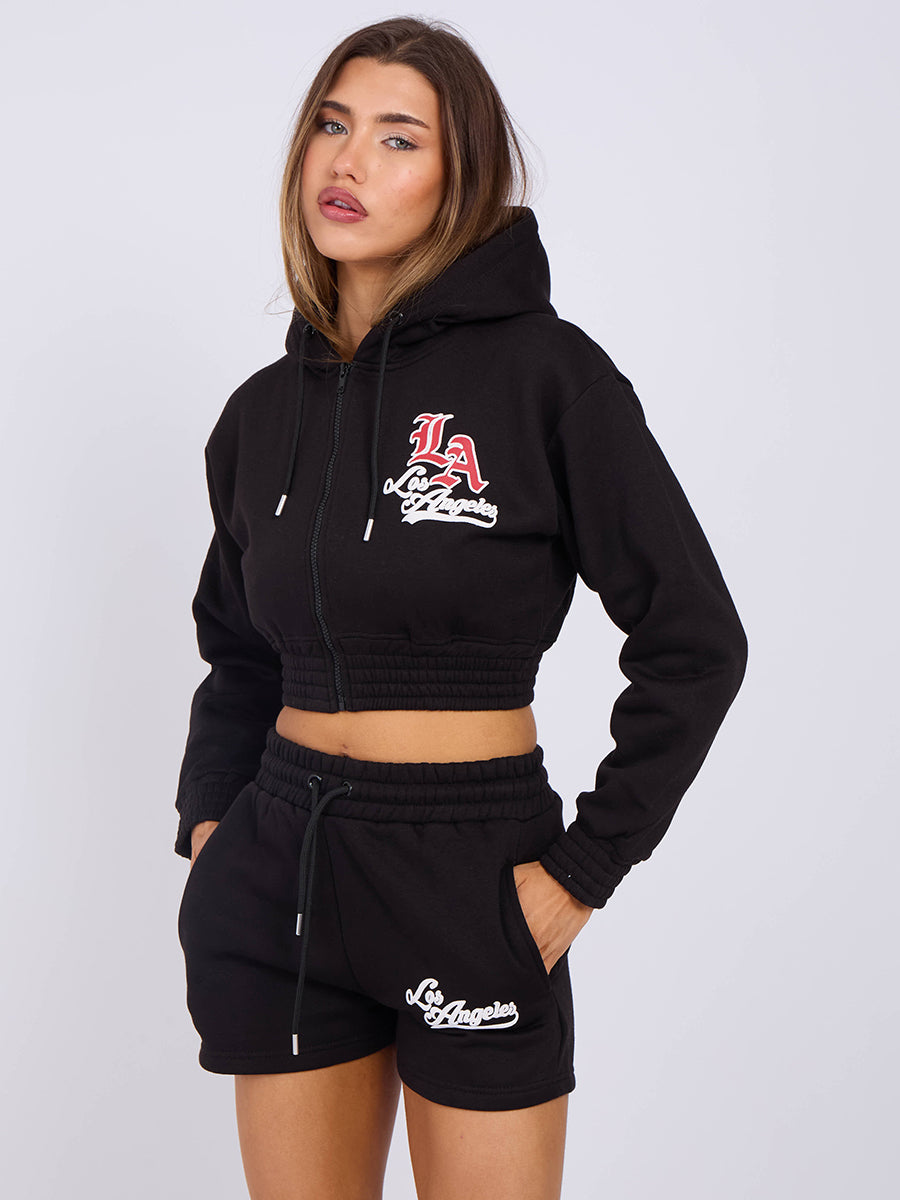 LA Cropped Zip Up Hoodie & Shorts Fleece Co-ord