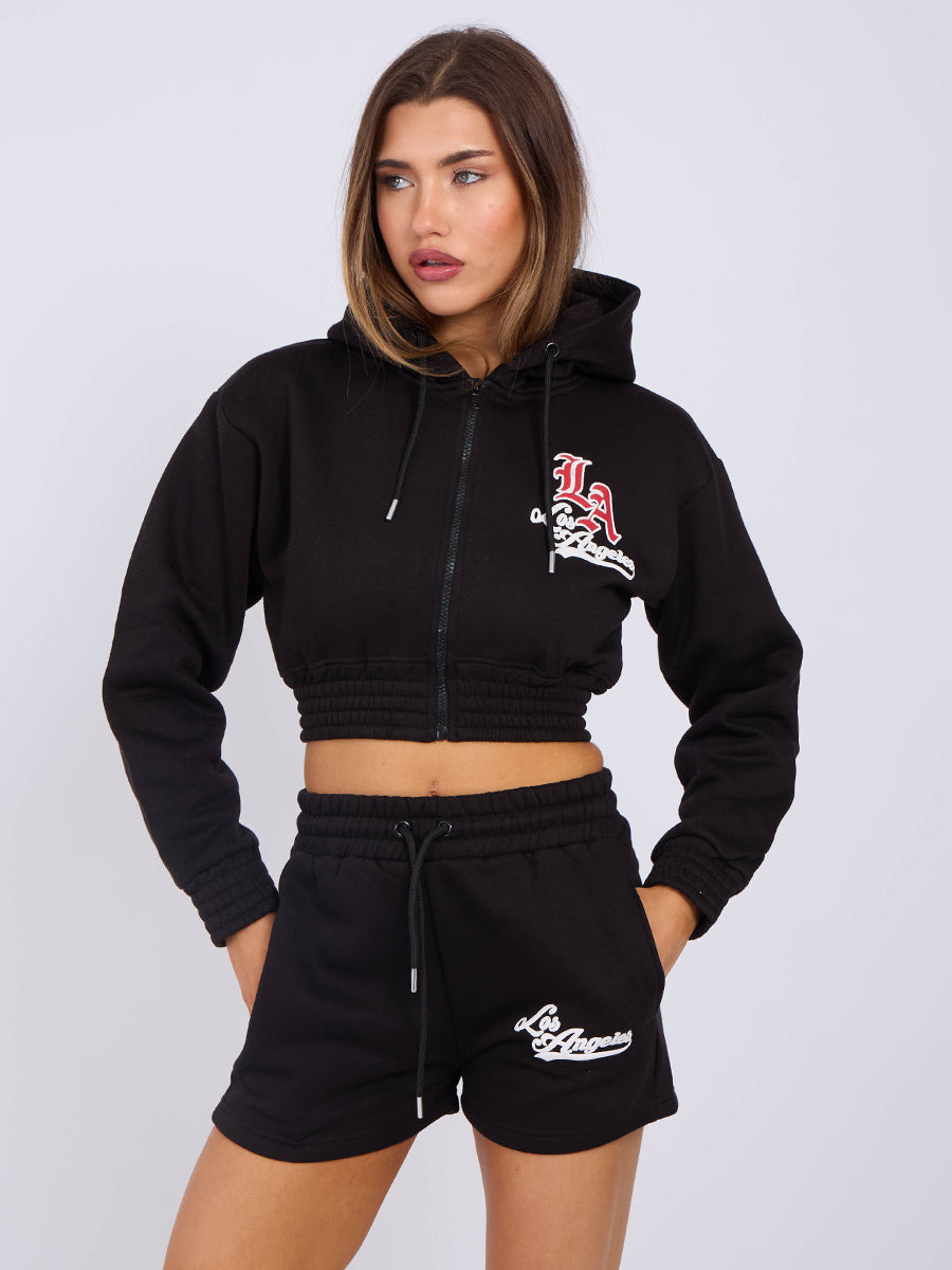 LA Cropped Zip Up Hoodie & Shorts Fleece Co-ord