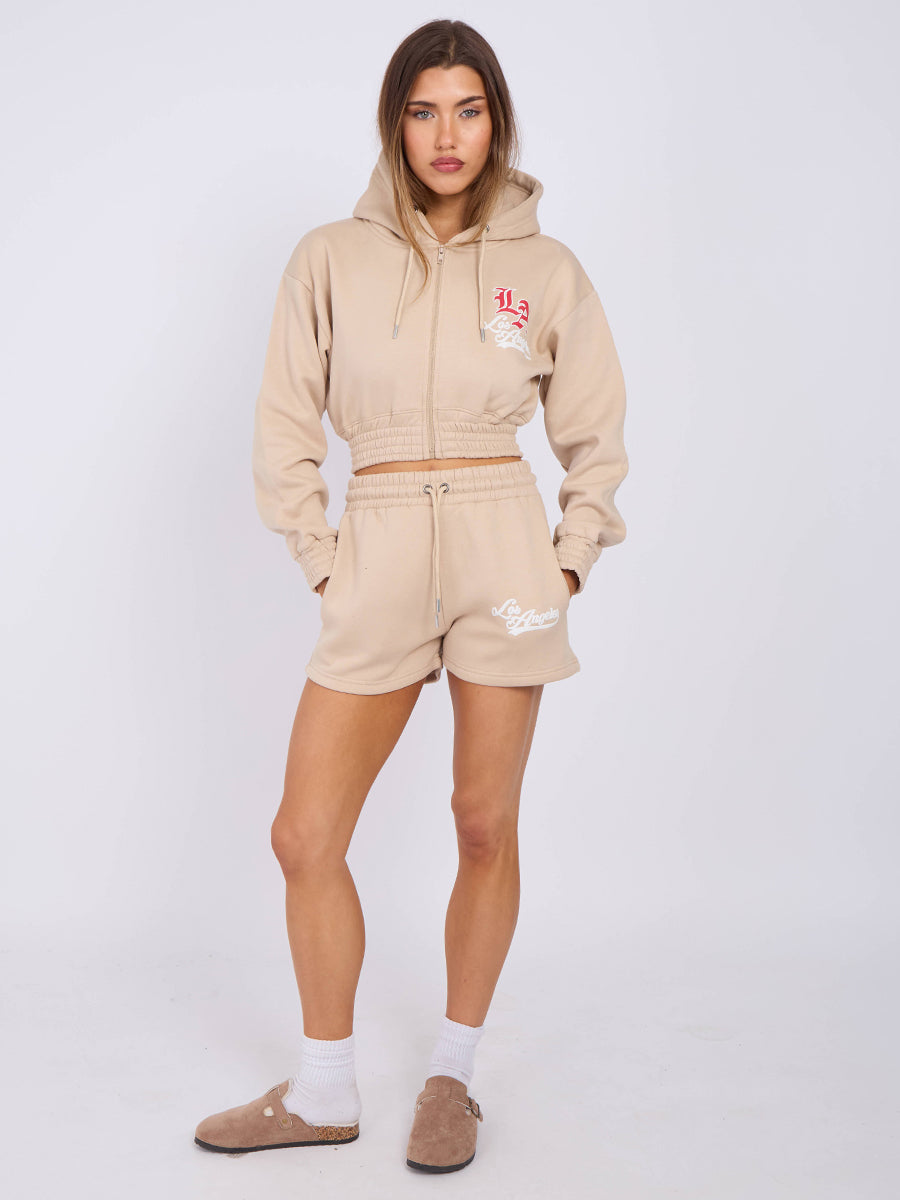 LA Cropped Zip Up Hoodie & Shorts Fleece Co-ord