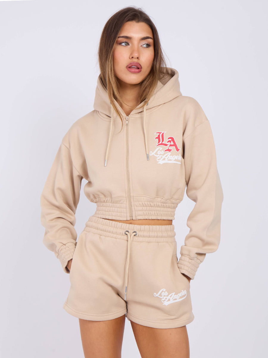 LA Cropped Zip Up Hoodie & Shorts Fleece Co-ord