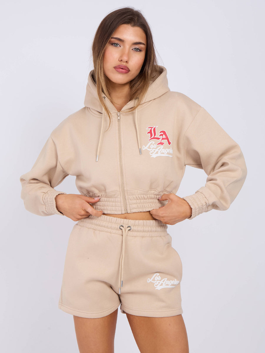 LA Cropped Zip Up Hoodie & Shorts Fleece Co-ord