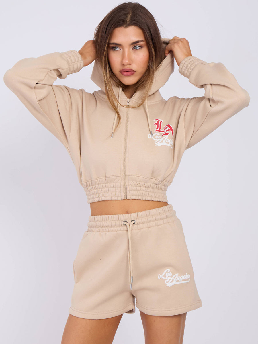LA Cropped Zip Up Hoodie & Shorts Fleece Co-ord