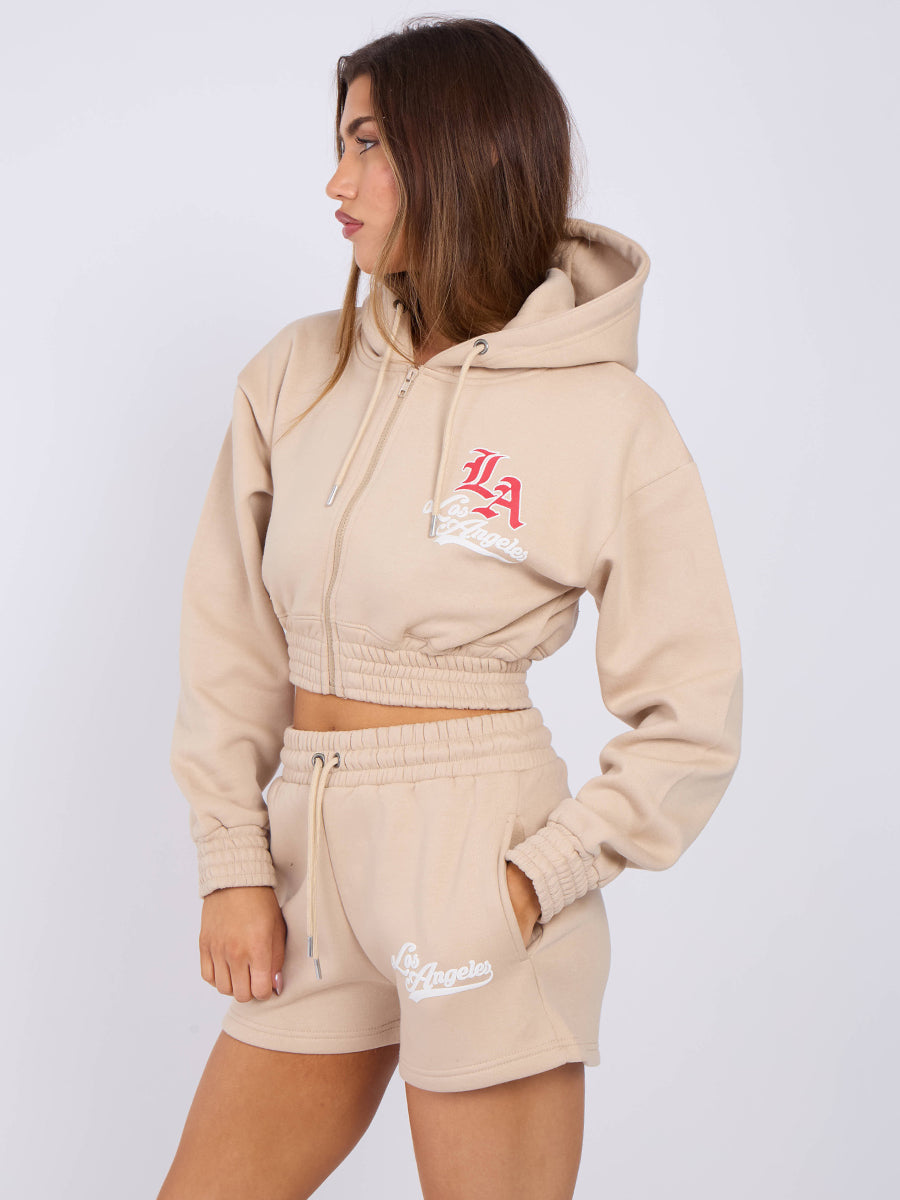 LA Cropped Zip Up Hoodie & Shorts Fleece Co-ord
