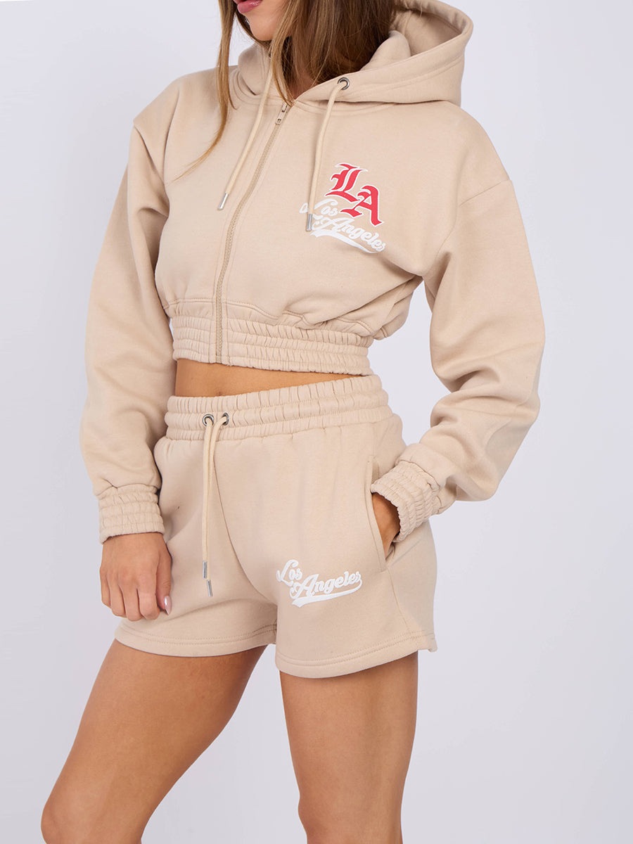 LA Cropped Zip Up Hoodie & Shorts Fleece Co-ord