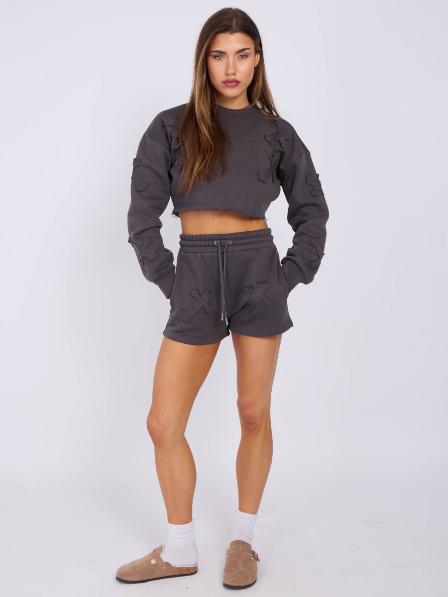 Cross Patch Cropped Sweatshirt & Shorts Fleece Co-ord