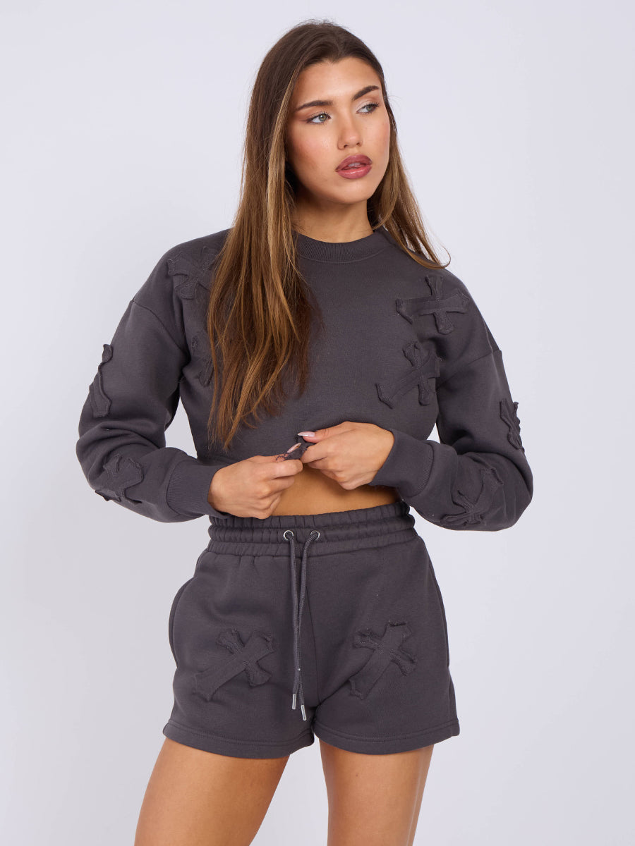 Cross Patch Cropped Sweatshirt & Shorts Fleece Co-ord