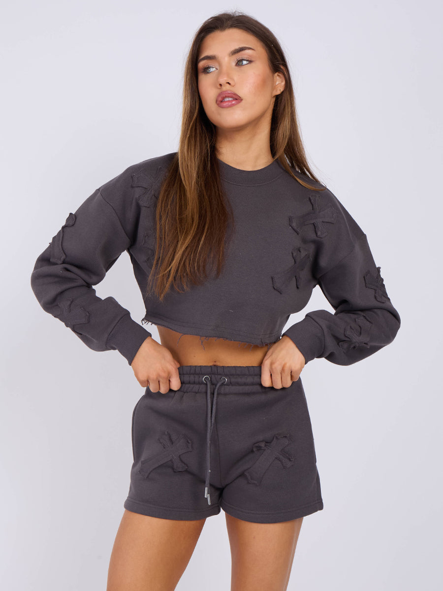Cross Patch Cropped Sweatshirt & Shorts Fleece Co-ord