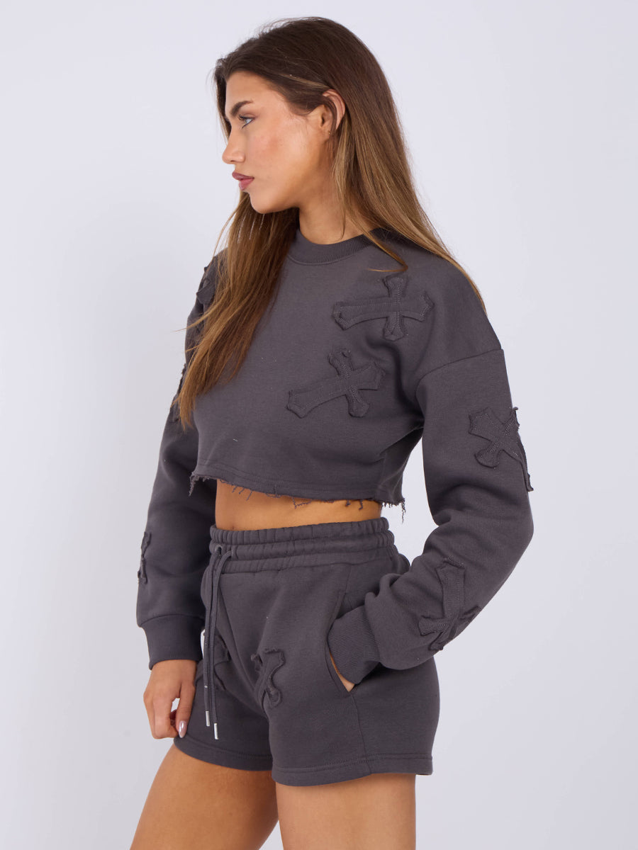 Cross Patch Cropped Sweatshirt & Shorts Fleece Co-ord