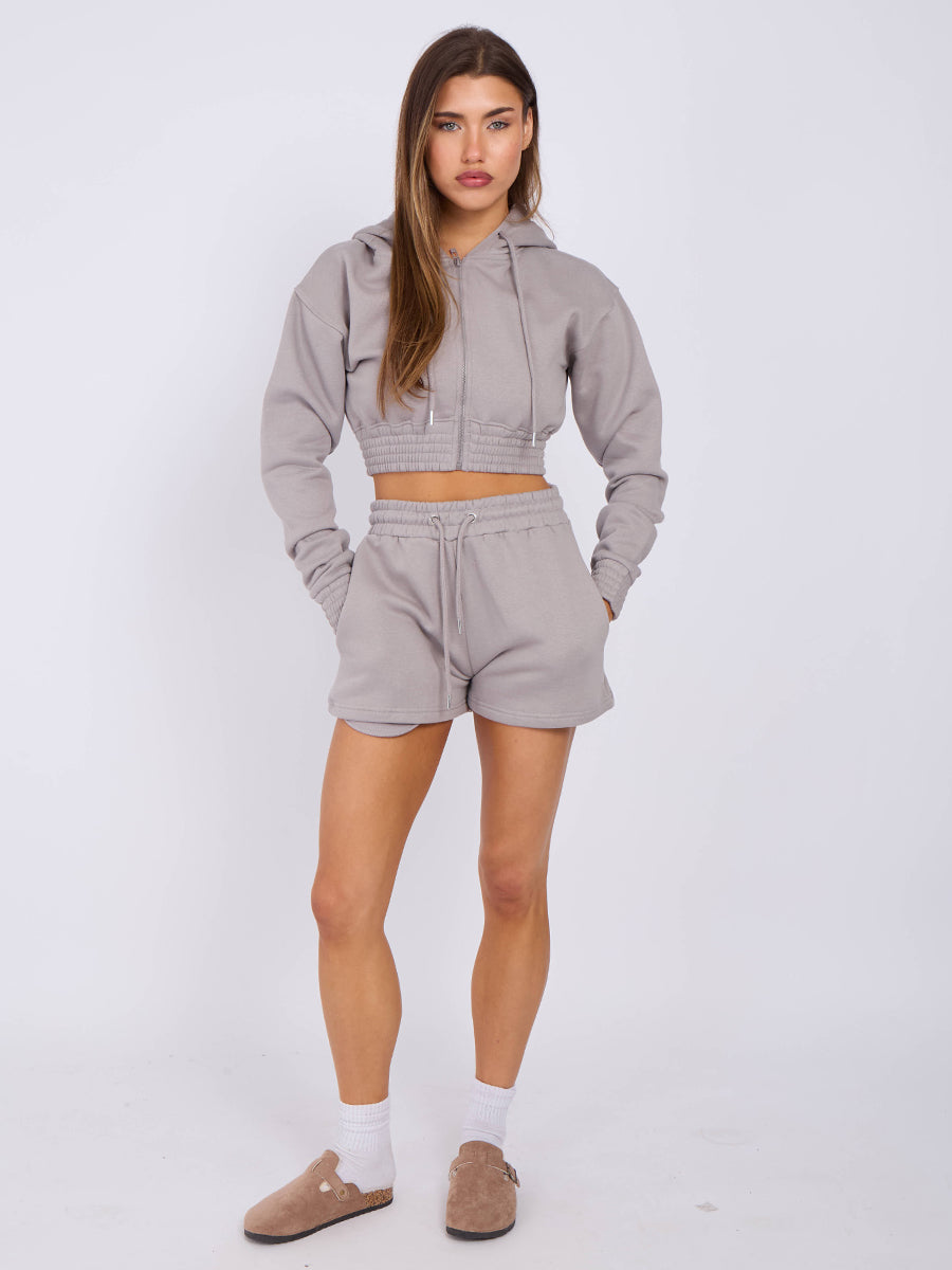 Cropped Zip Up Hoodie & Shorts Fleece Co-ord