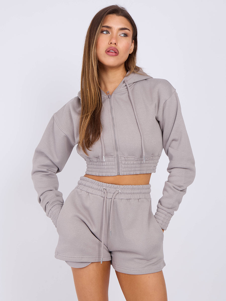 Cropped Zip Up Hoodie & Shorts Fleece Co-ord