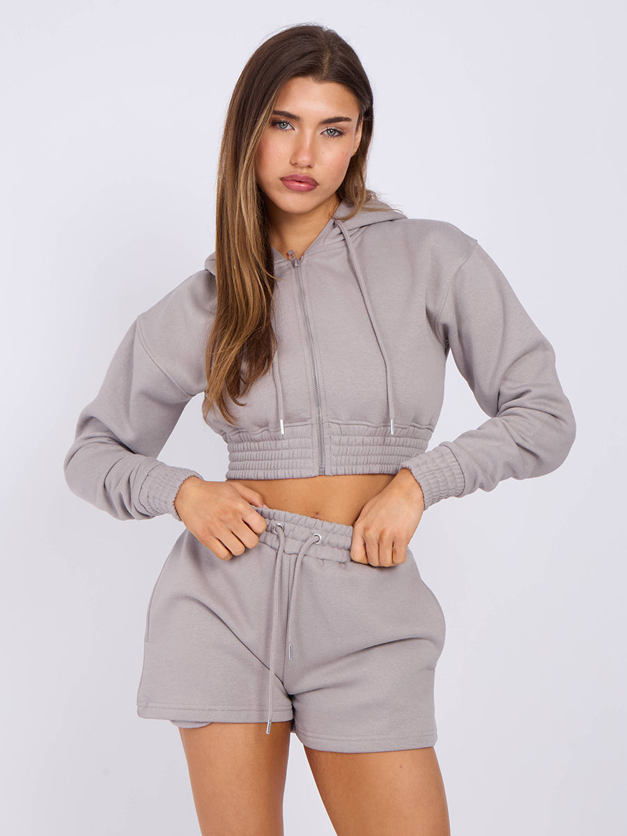 Cropped Zip Up Hoodie & Shorts Fleece Co-ord