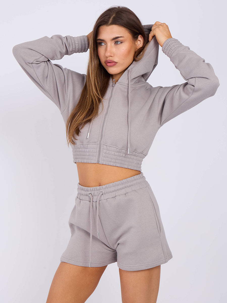 Cropped Zip Up Hoodie & Shorts Fleece Co-ord
