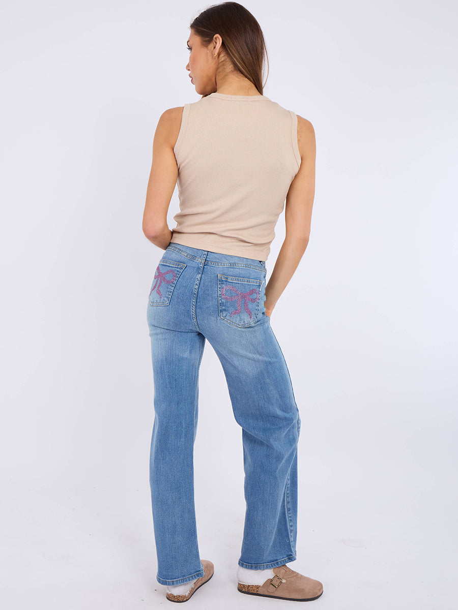 Straight Leg Denim Jeans With Bow Detail