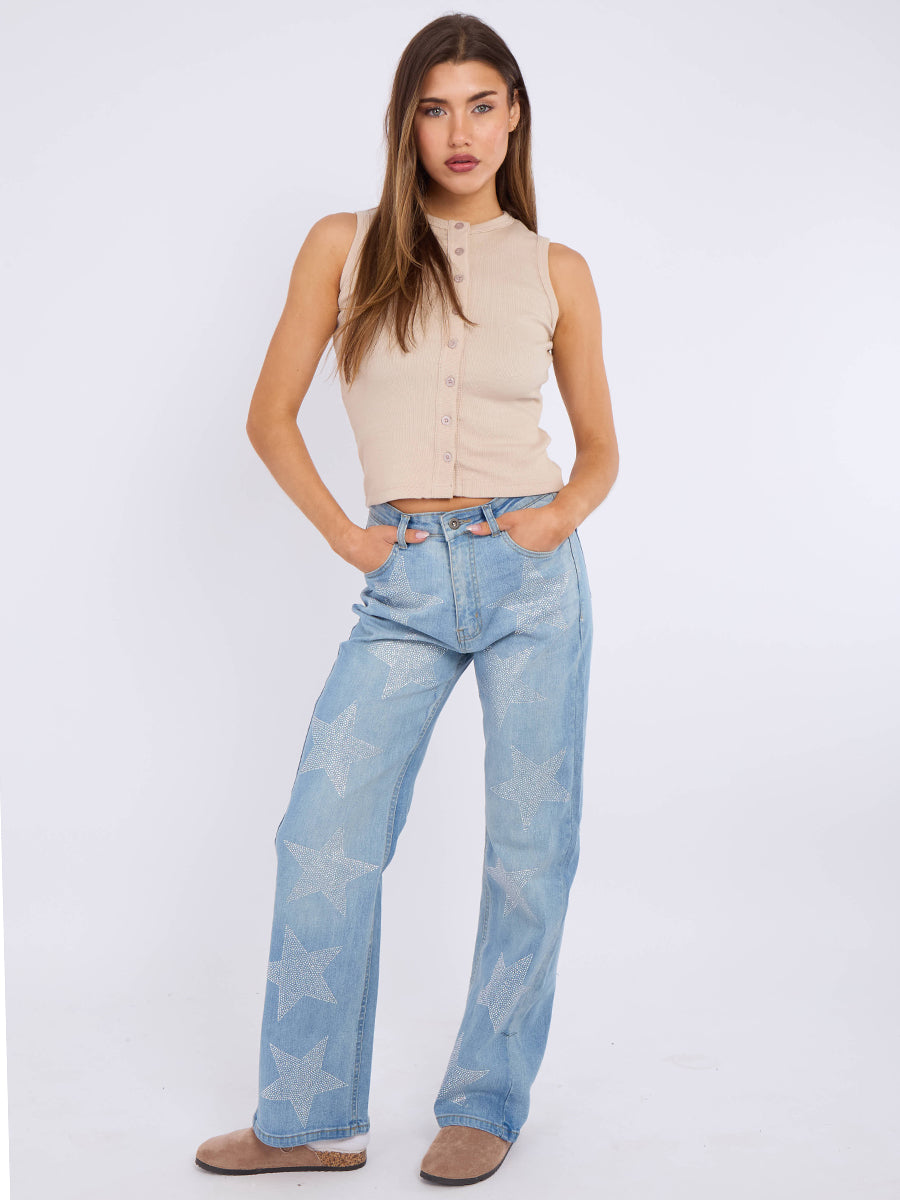 Wide Leg Star Studded Front Denim Jeans