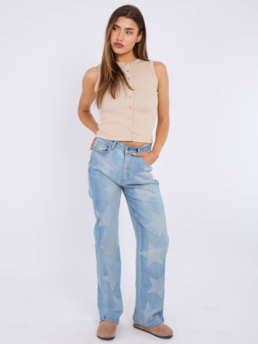 Wide Leg Star Studded Front Denim Jeans