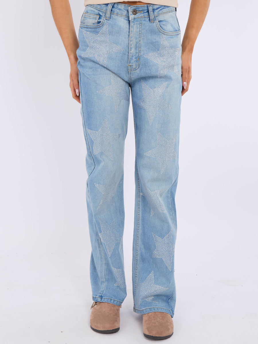 Wide Leg Star Studded Front Denim Jeans