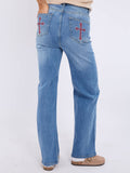 Straight Leg Denim Jeans With Cross Detail