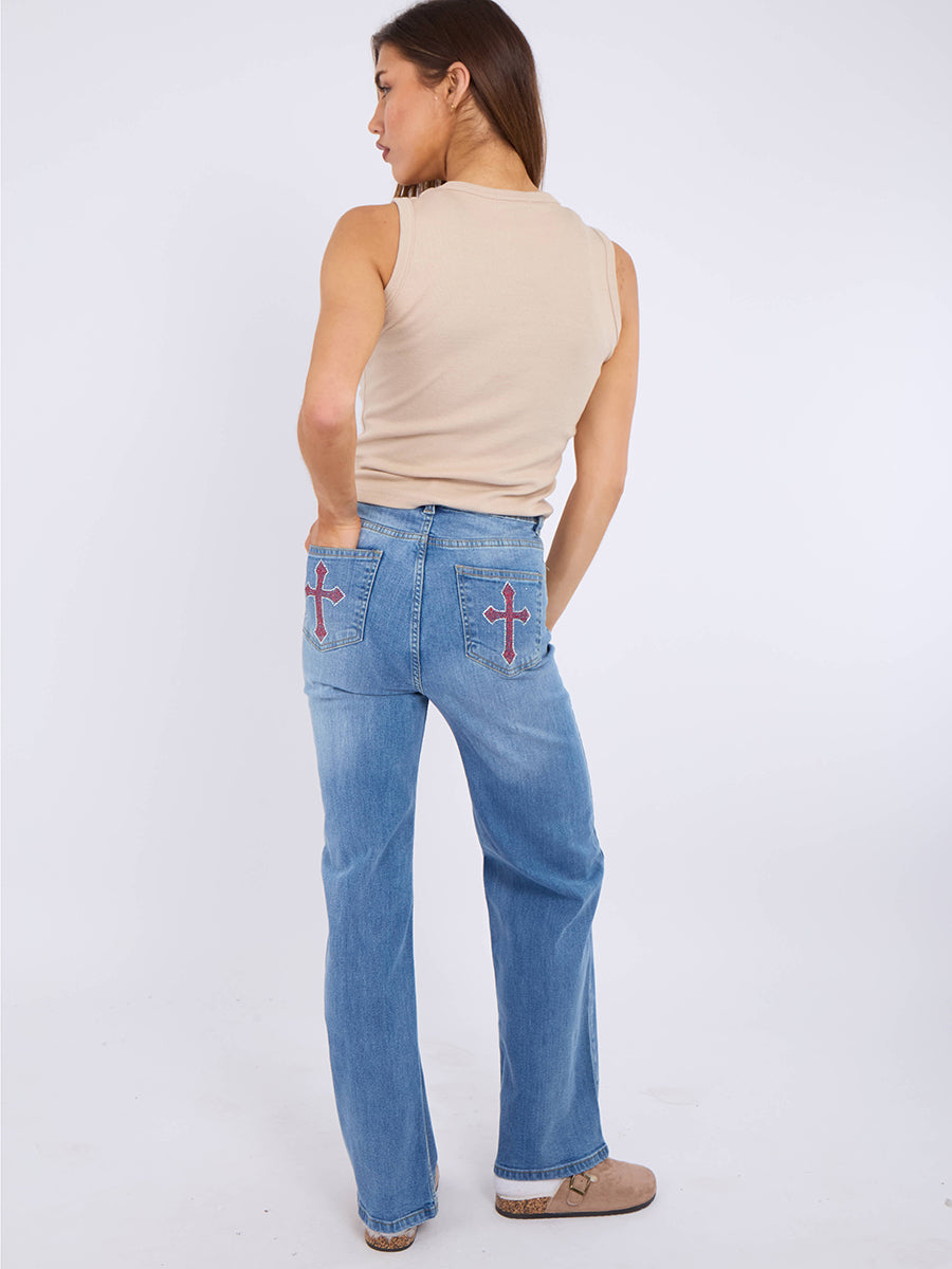 Straight Leg Denim Jeans With Cross Detail
