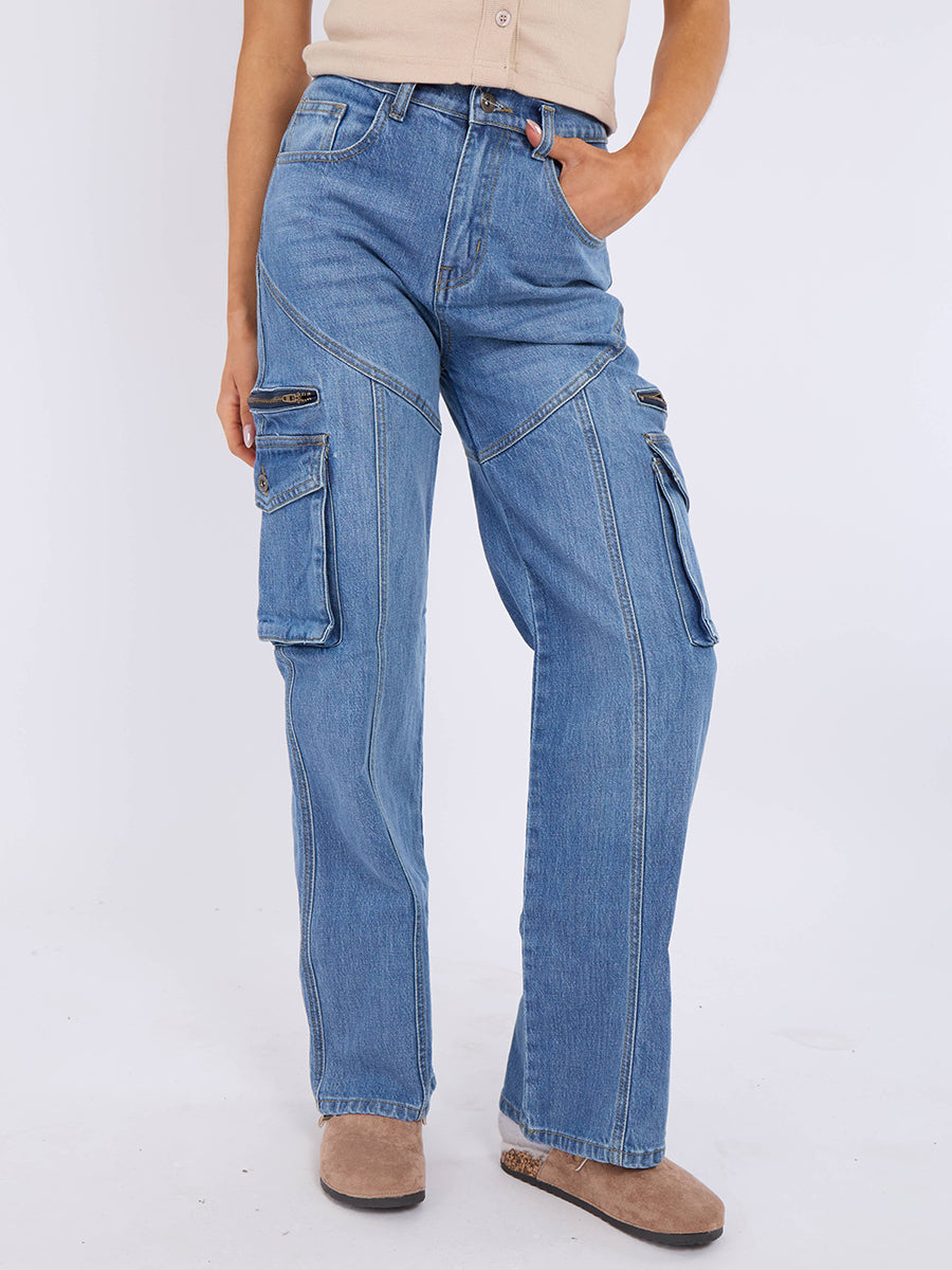 Straight Leg Cargo Denim Jeans